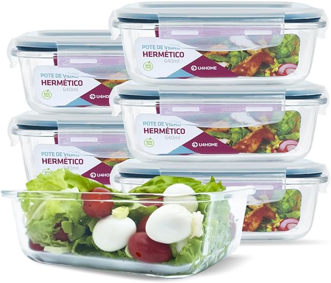 Kit com 15 Potes Herméticos de Vidro + 10 Copos de Vidro